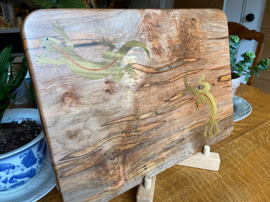 Ambrosia Maple charcuterie board with Gecko Inlay - Handmade Wood Art.