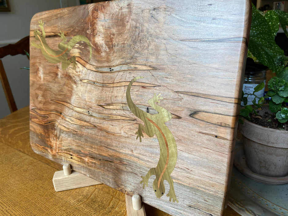 Ambrosia Maple charcuterie board with Gecko Inlay - Handmade Wood Art.