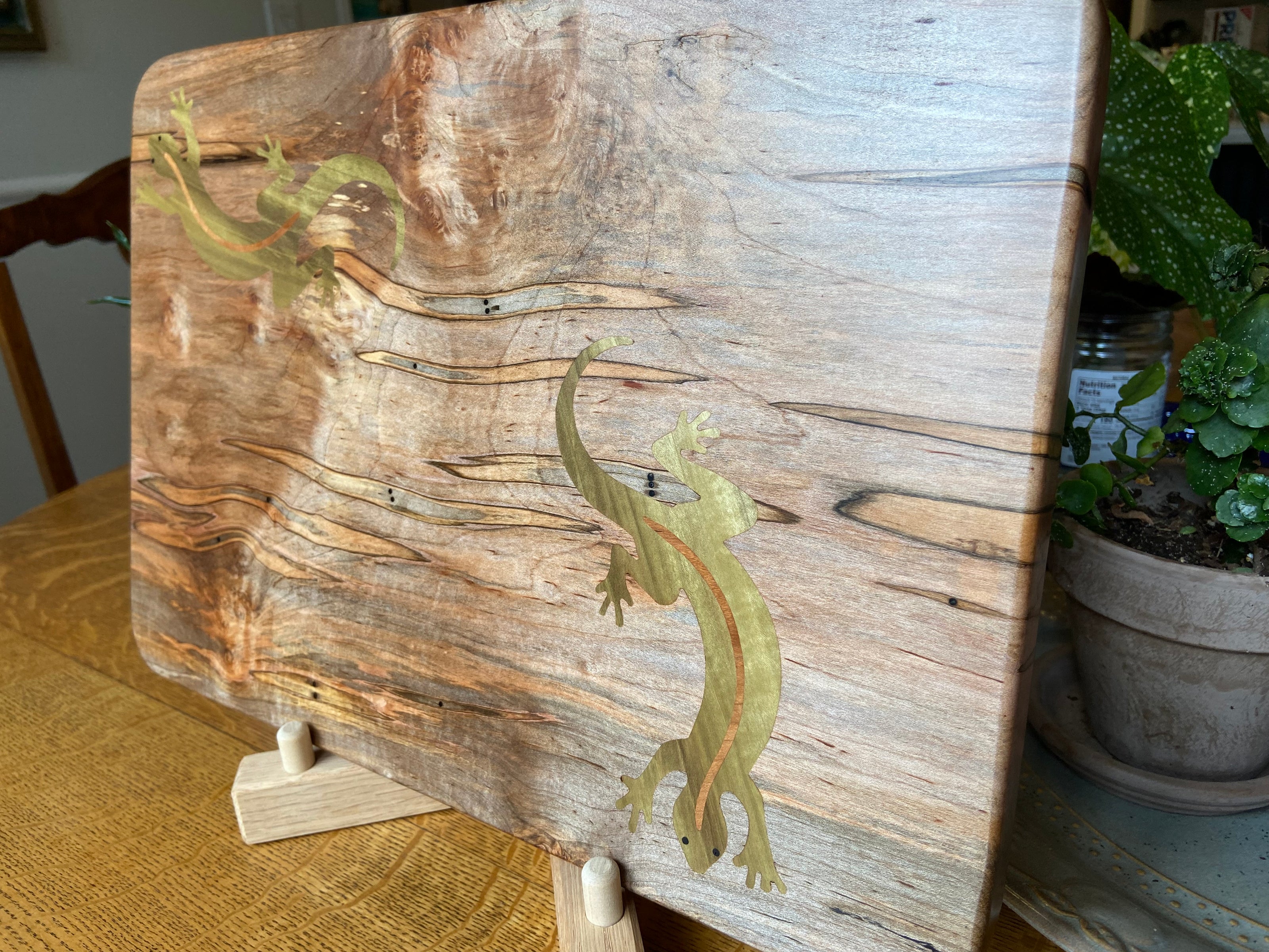 Ambrosia Maple charcuterie board with Gecko Inlay - Handmade Wood Art.
