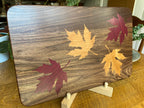 Walnut Charcuterie Board with Fall Leaves Wood Inlay - Handcrafted Woodwork