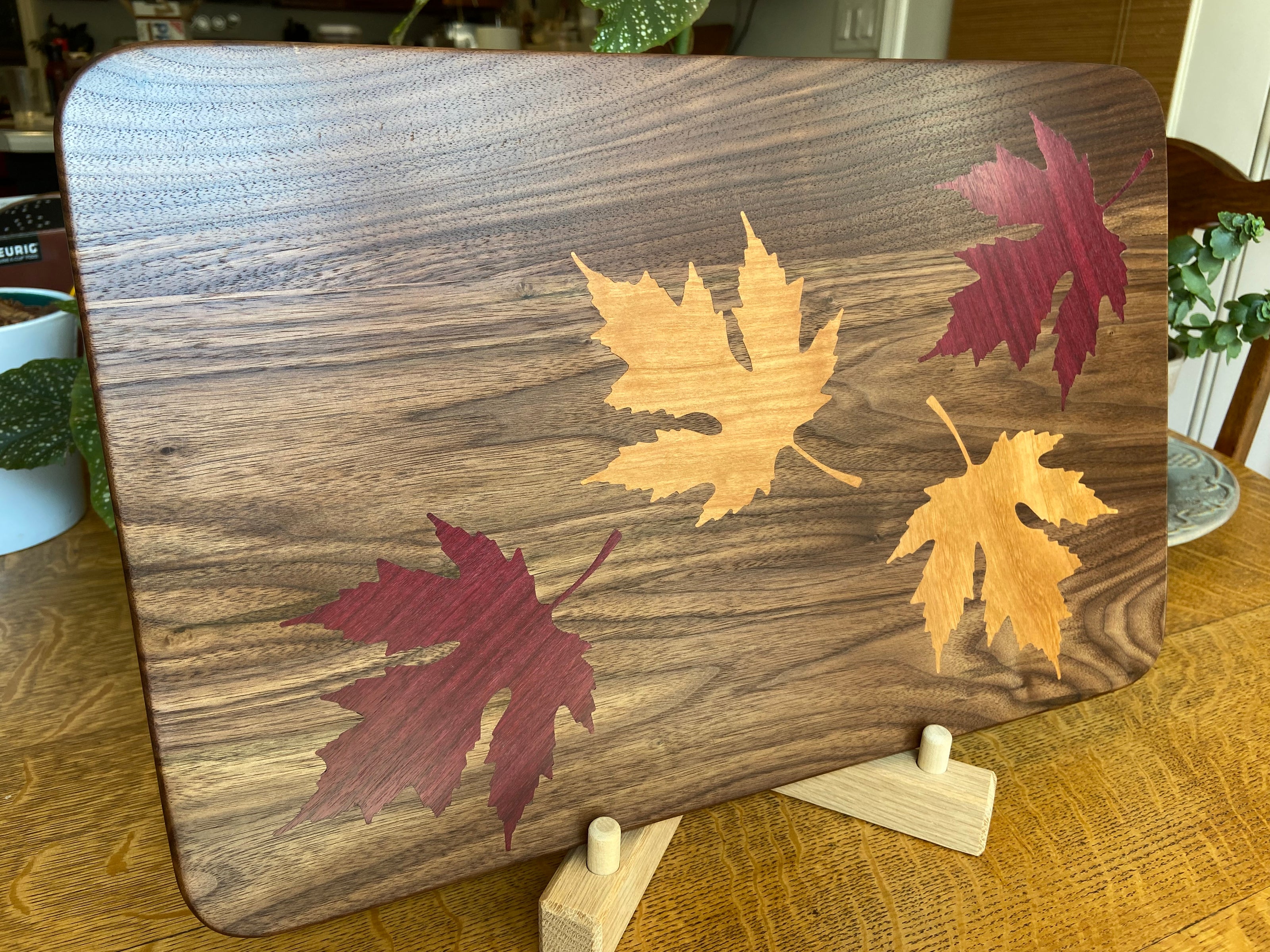 Walnut Charcuterie Board with Fall Leaves Wood Inlay - Handcrafted Woodwork