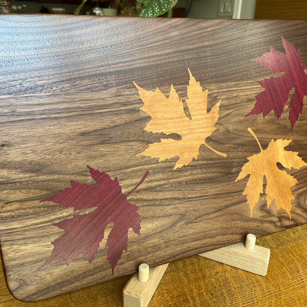Walnut Charcuterie Board with Fall Leaves Wood Inlay - Handcrafted Woodwork