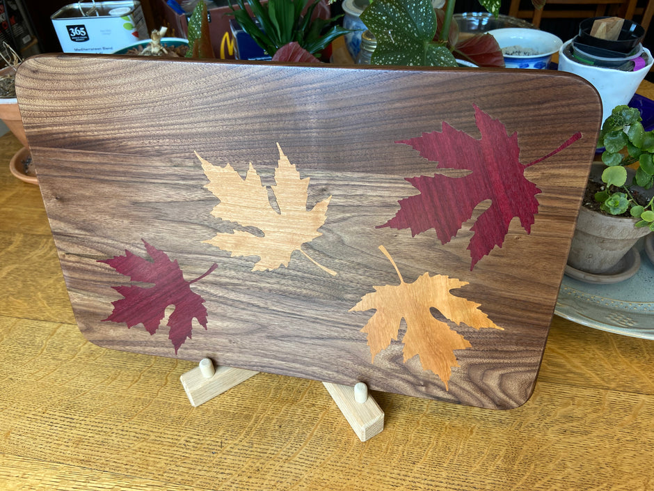 Walnut Charcuterie Board with Fall Leaves Wood Inlay - Handcrafted Woodwork