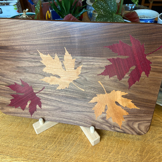 Walnut Charcuterie Board with Fall Leaves Wood Inlay - Handcrafted Woodwork