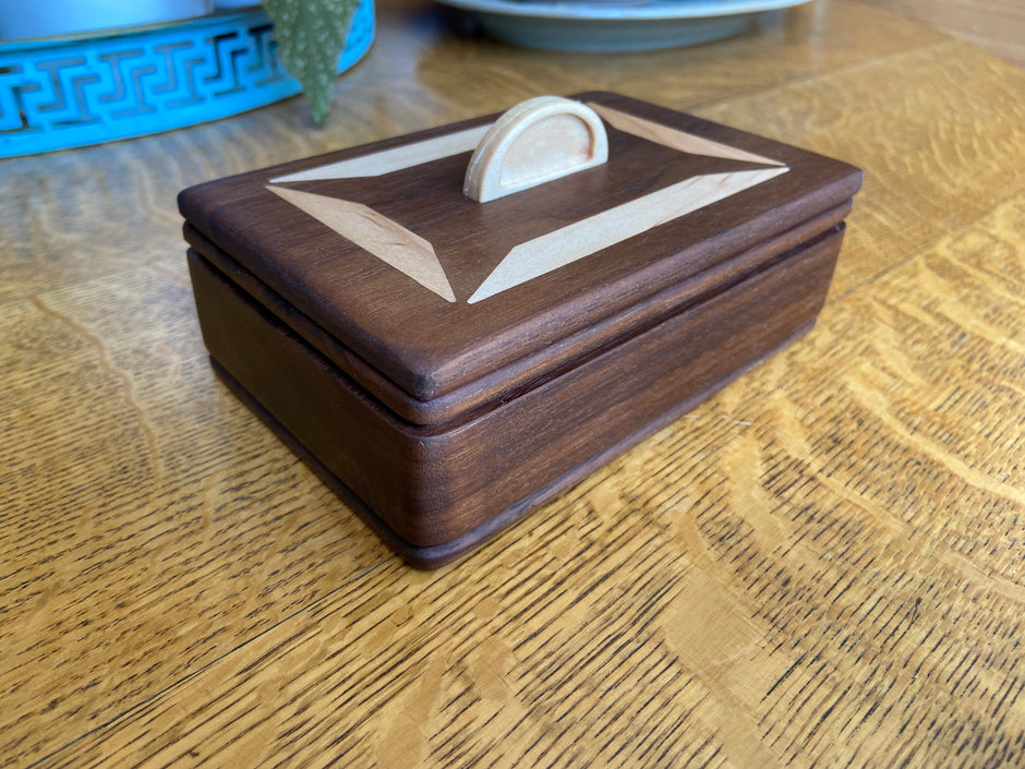 Handcrafted Lidded Keepsake Box with Wood Inlay and Carved Handle - 6" x 4"