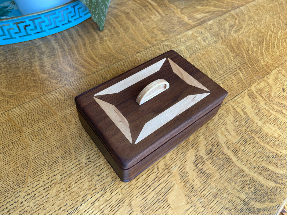 Handcrafted Lidded Keepsake Box with Wood Inlay and Carved Handle - 6" x 4"