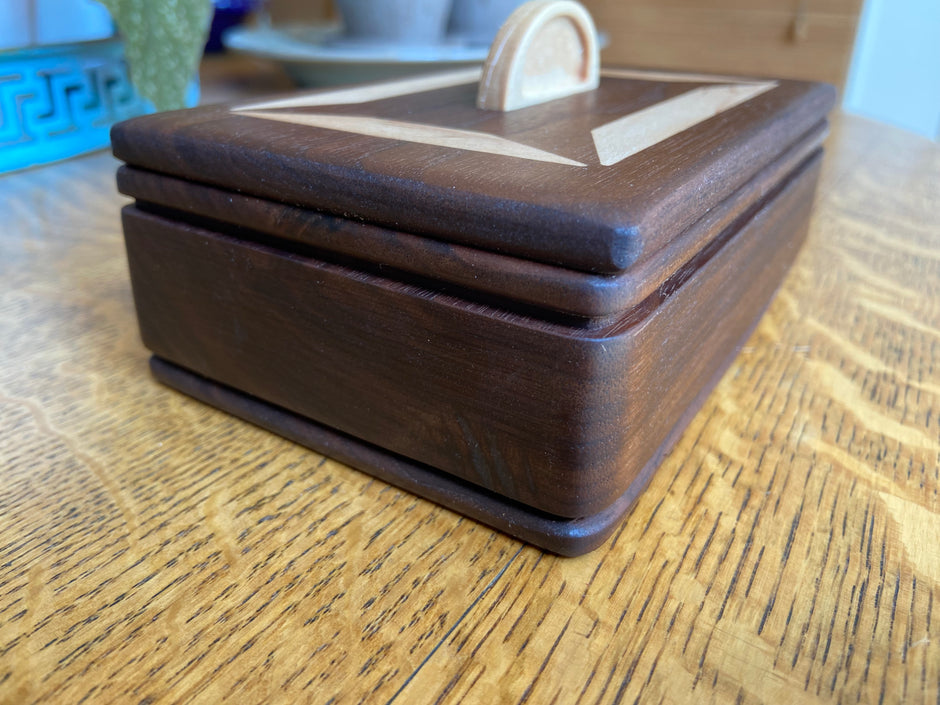 Handcrafted Lidded Keepsake Box with Wood Inlay and Carved Handle - 6