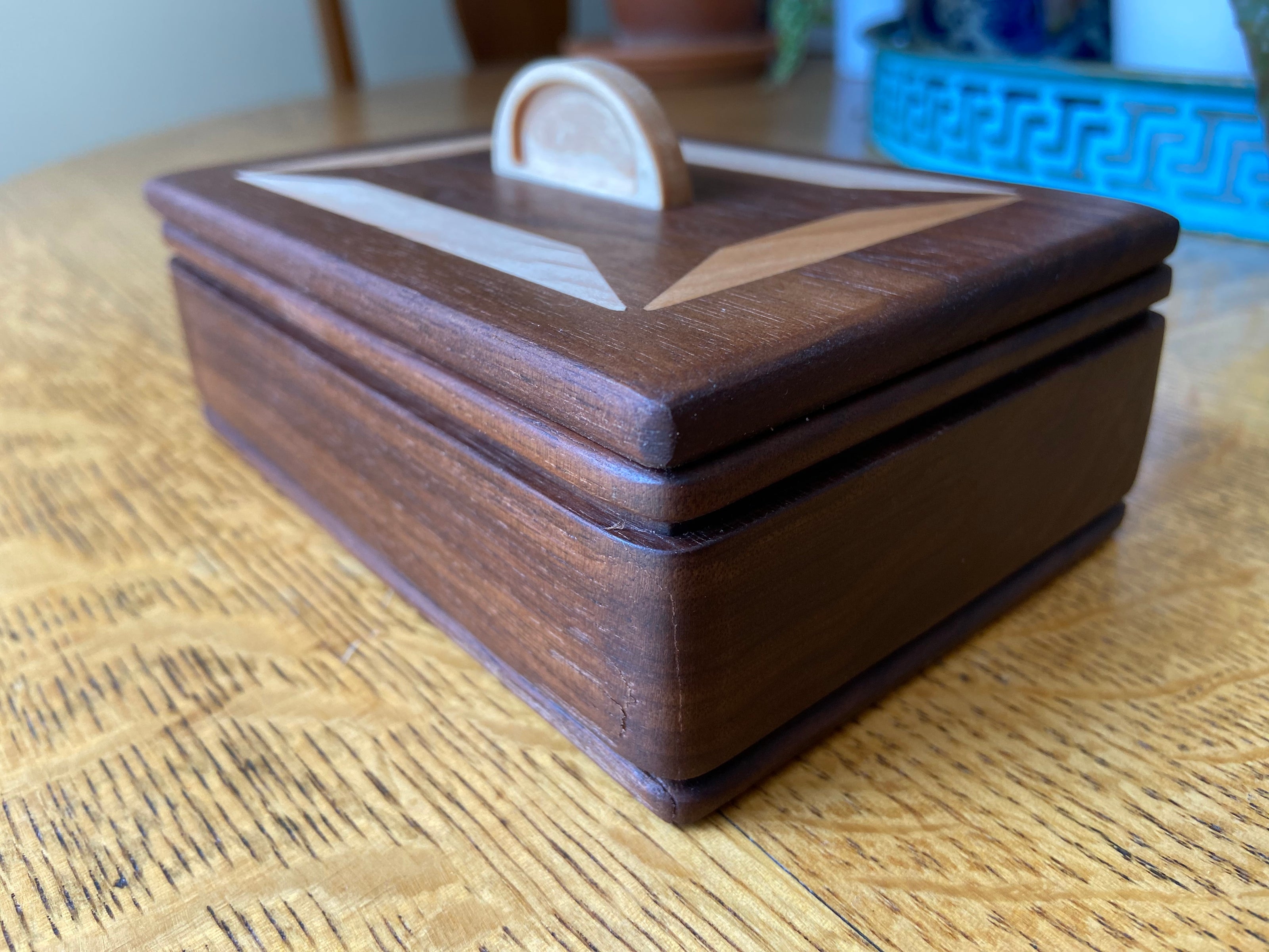 Handcrafted Lidded Keepsake Box with Wood Inlay and Carved Handle - 6