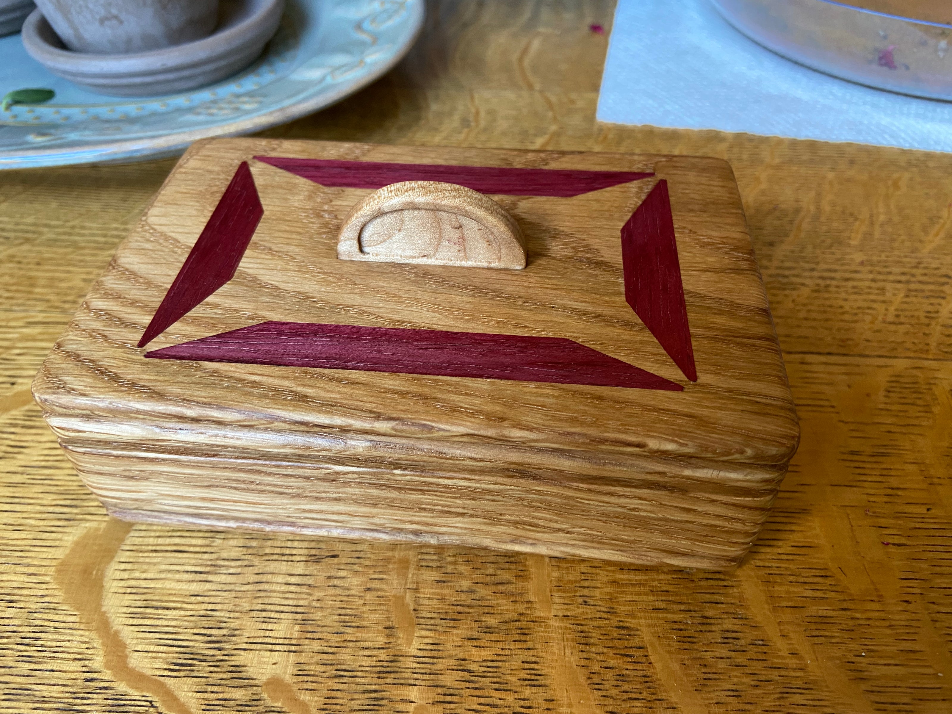 Handcrafted Lidded Keepsake Box with Wood Inlay and Carved Handle - 6