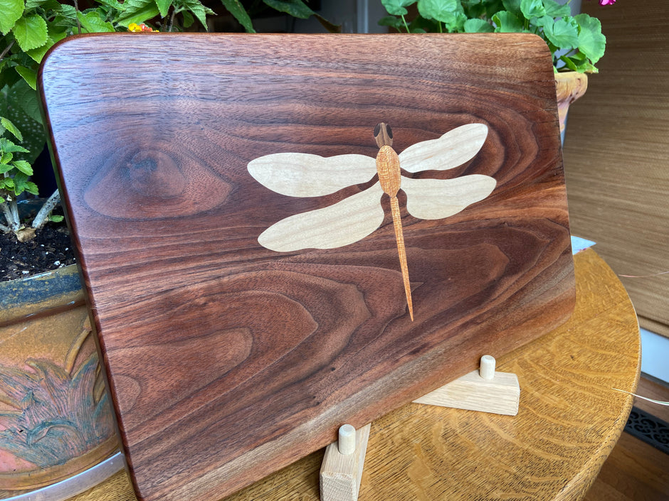 Walnut Charcuterie Board with Dragonfly Inlay - Handcrafted Woodwork