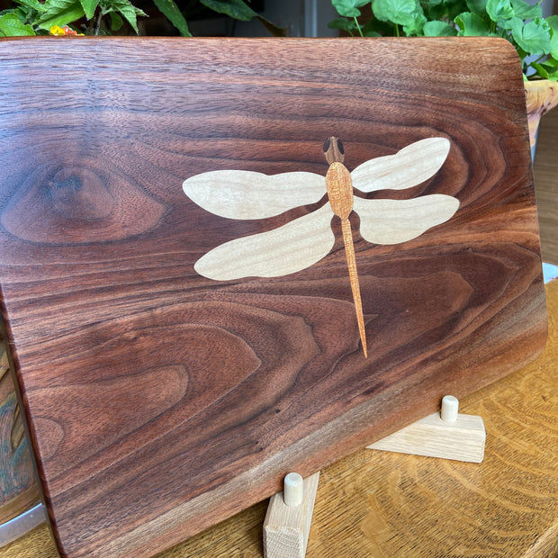 Walnut Charcuterie Board with Dragonfly Inlay - Handcrafted Woodwork