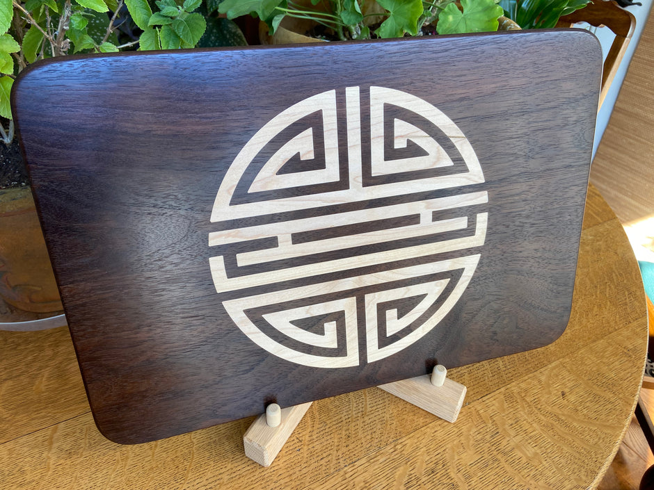 Walnut Charcuterie Board with Chinese Shou Symbol - Longevity Inlay