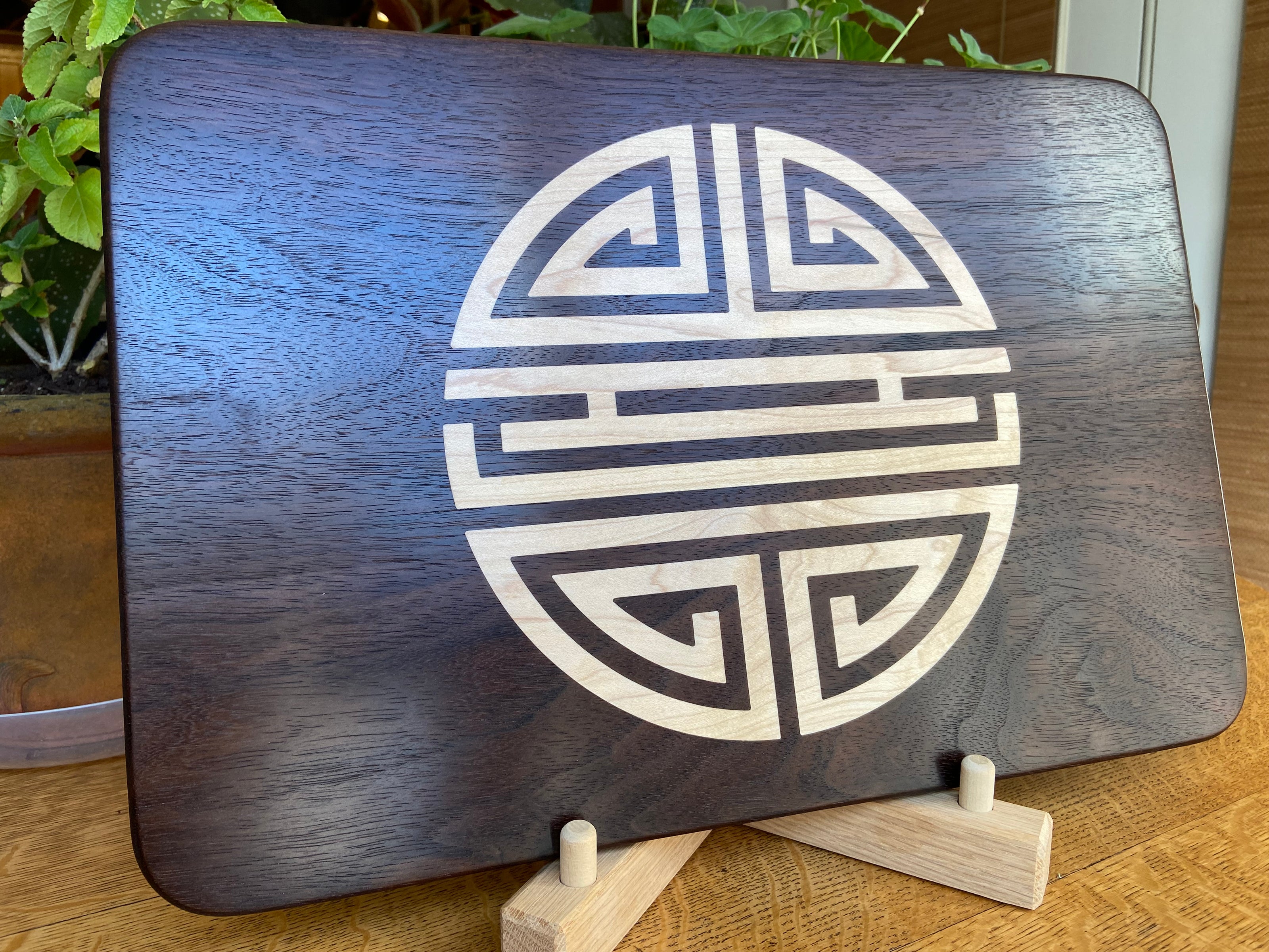 Walnut Charcuterie Board with Chinese Shou Symbol - Longevity Inlay