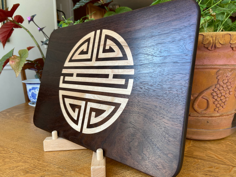 Walnut Charcuterie Board with Chinese Shou Symbol - Longevity Inlay