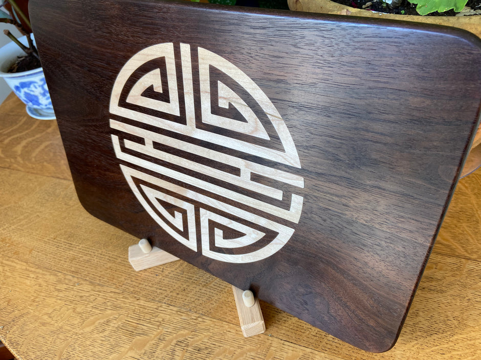 Walnut Charcuterie Board with Chinese Shou Symbol - Longevity Inlay