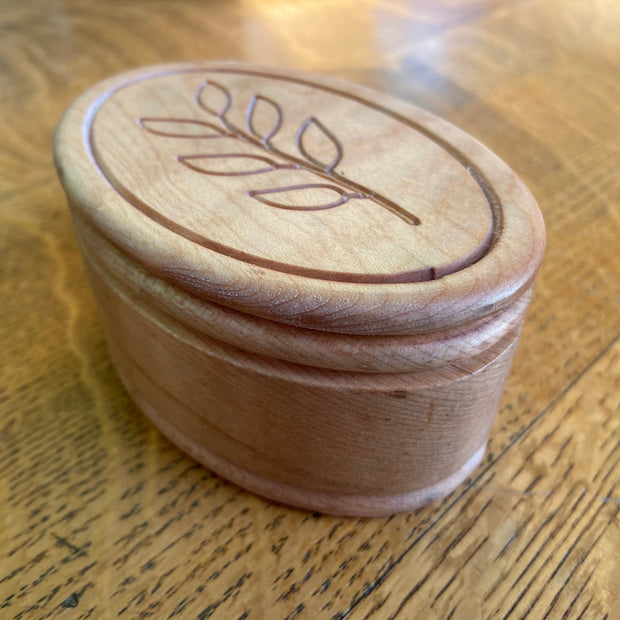 Handcrafted Oval Lidded Keepsake Box with Stem/Leaf engraving 4" x 2.75"