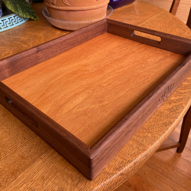 Handcrafted Walnut Decorative Tray with Lotus Engraving