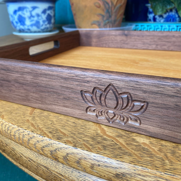 Handcrafted Walnut Decorative Tray with Lotus Engraving
