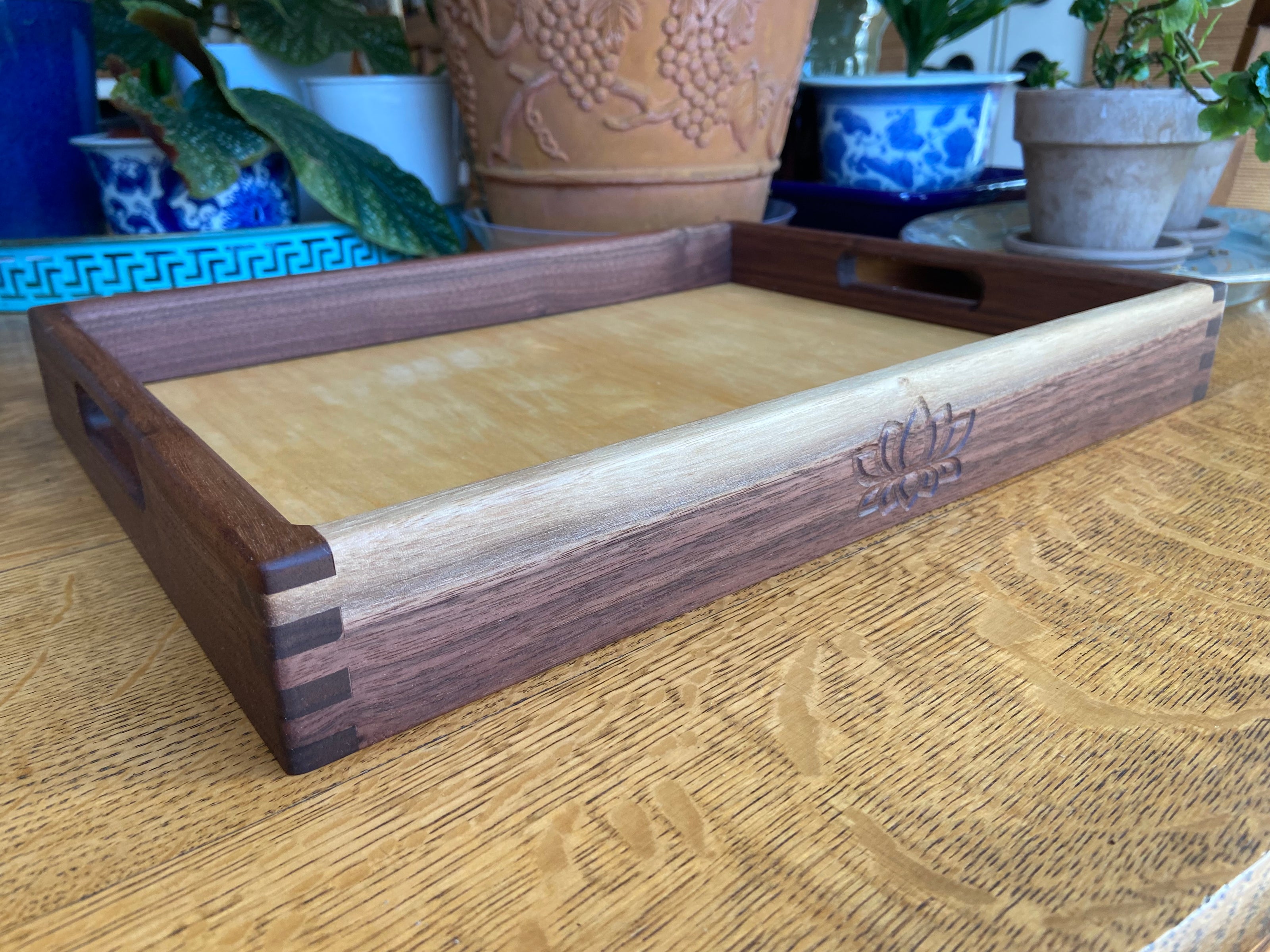 Handcrafted Walnut Decorative Tray with Lotus Engraving and Box Jointed Corners