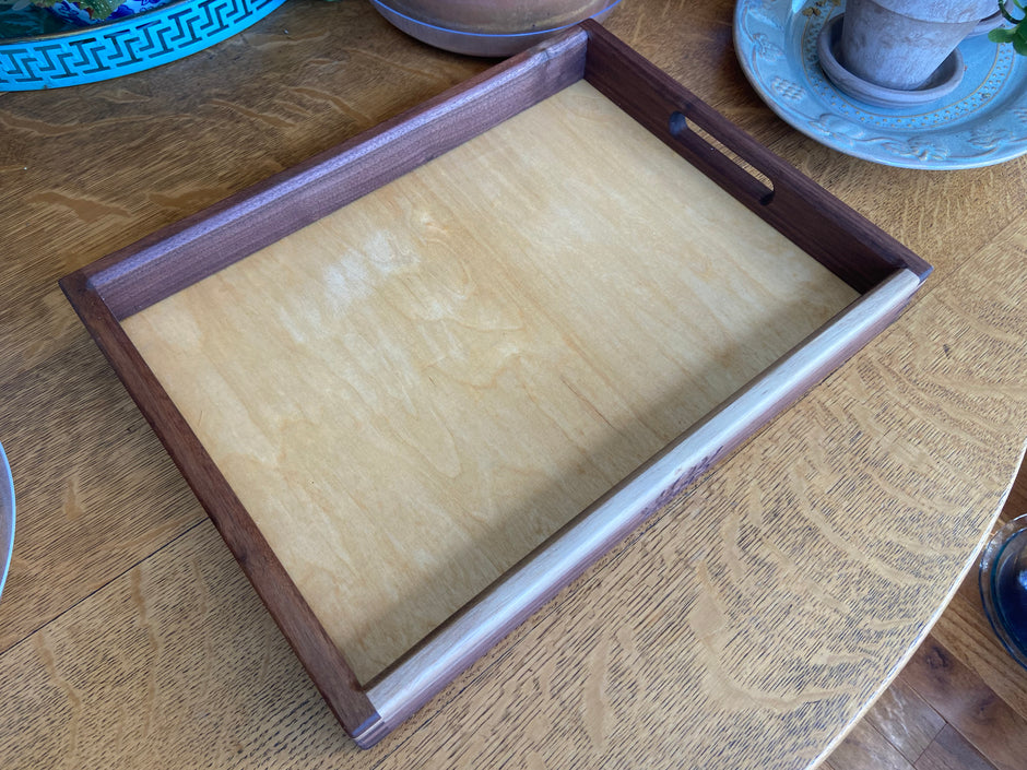 Handcrafted Walnut Decorative Tray with Lotus Engraving and Box Jointed Corners