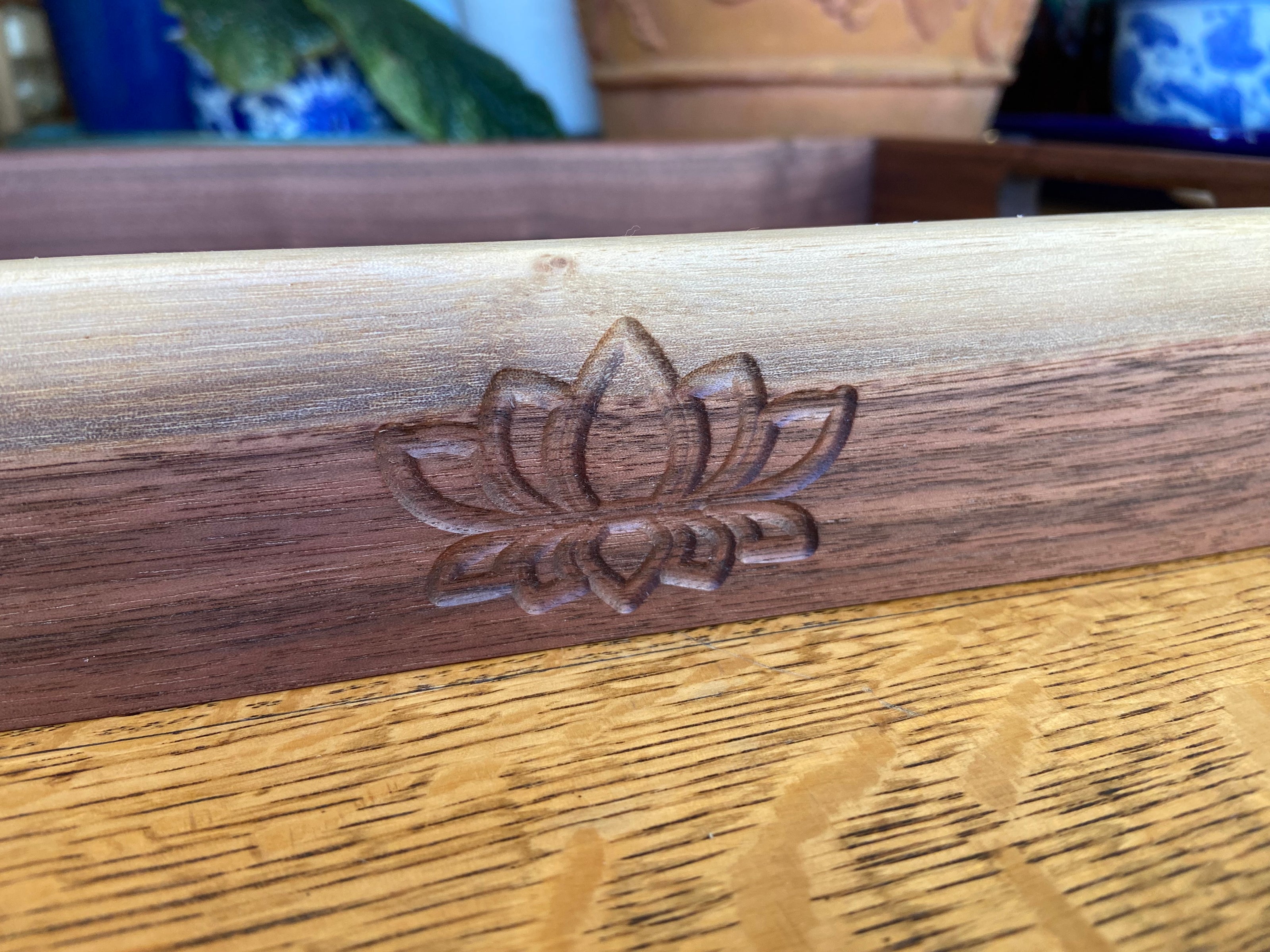 Handcrafted Walnut Decorative Tray with Lotus Engraving and Box Jointed Corners