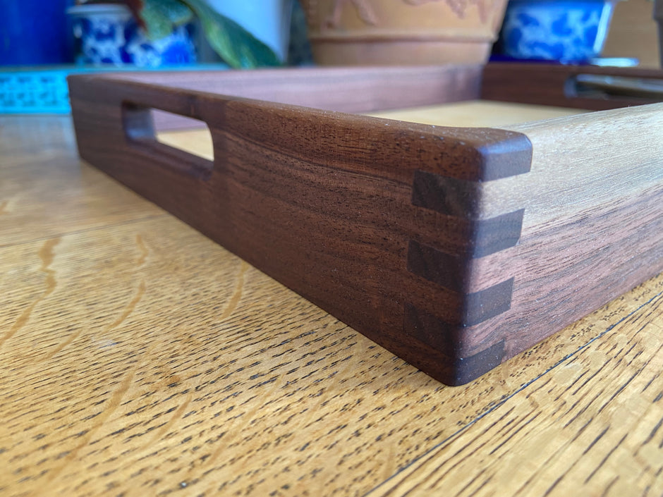 Handcrafted Walnut Decorative Tray with Lotus Engraving and Box Jointed Corners