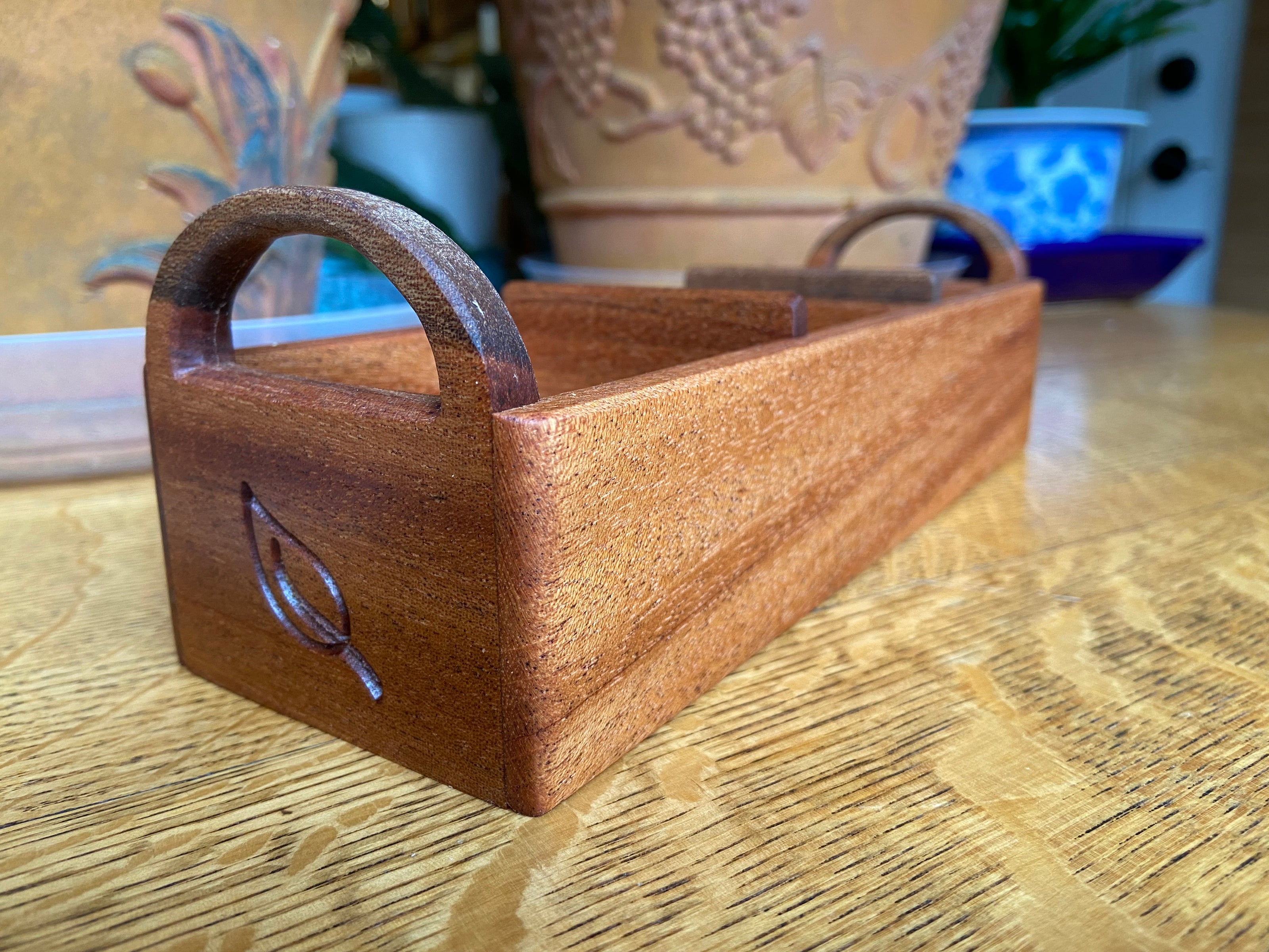 Hand-made and engraved tea caddy made from Mahogany