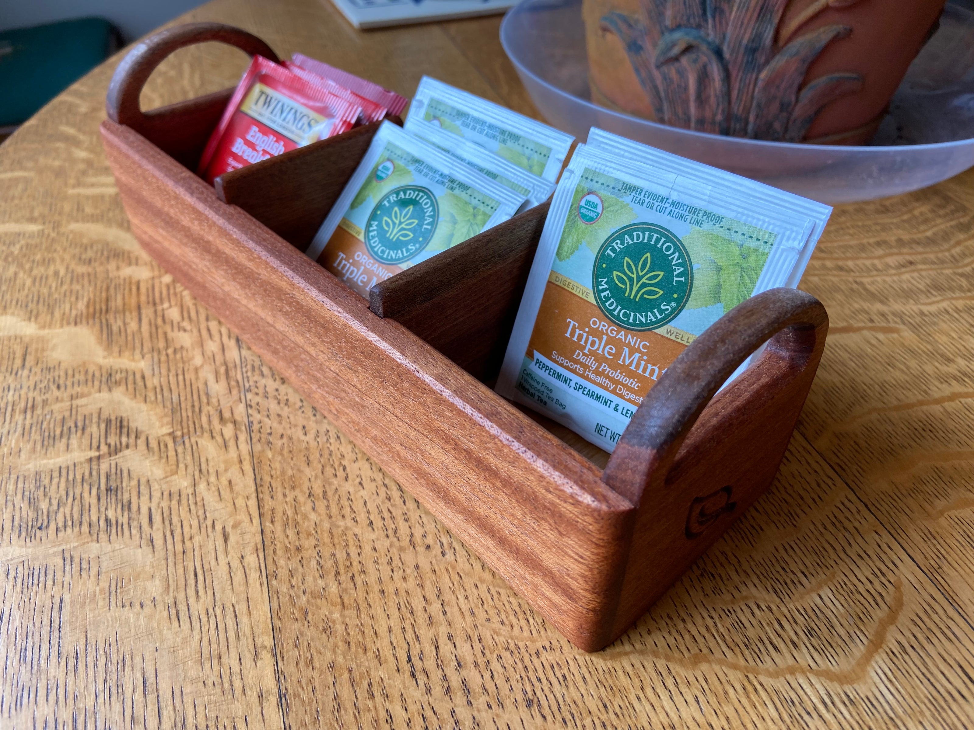 Hand-made and engraved tea caddy made from Mahogany