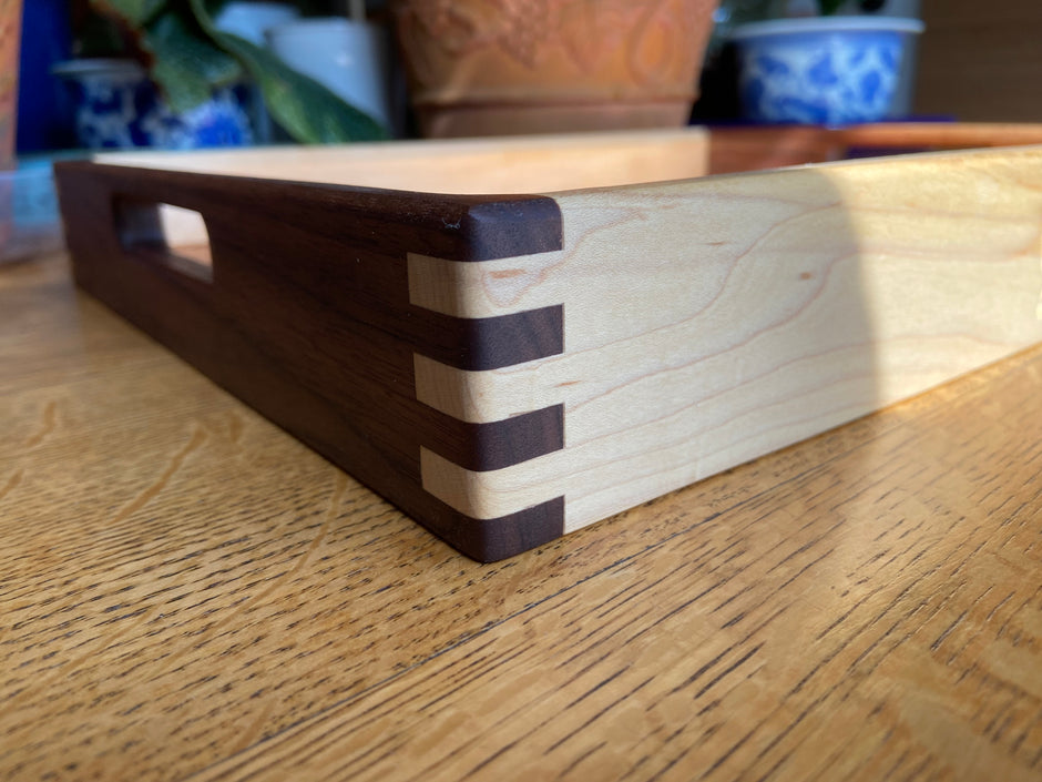 Lotus Engraved Decorative Tray with Boxed Joints and Contrasting Wood