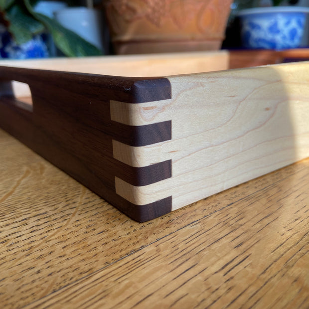 Lotus Engraved Decorative Tray with Boxed Joints and Contrasting Wood