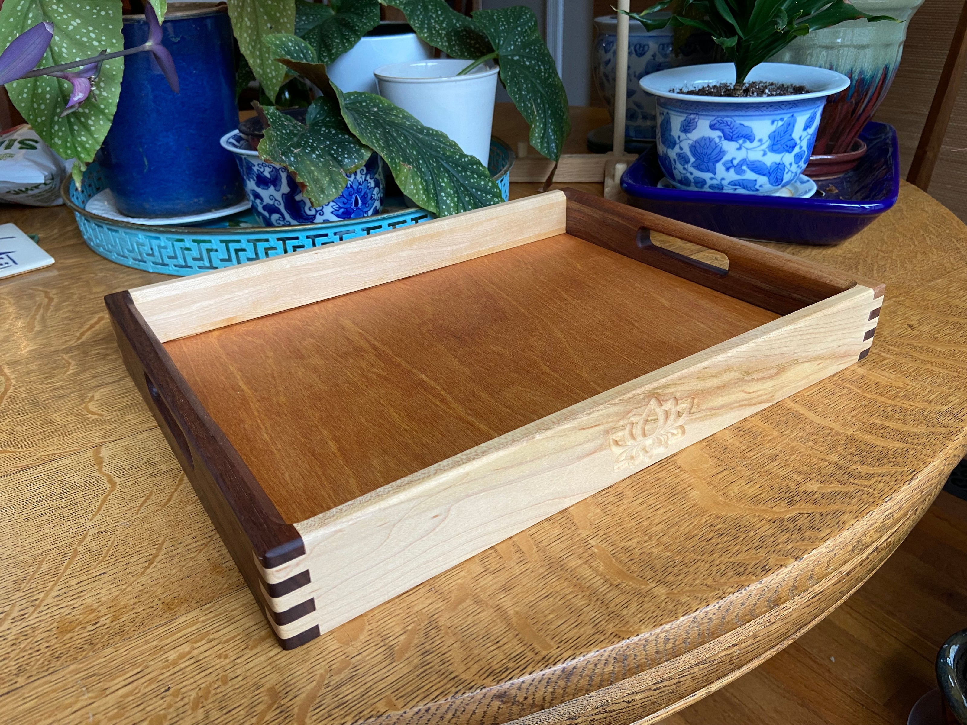 Lotus Engraved Decorative Tray with Boxed Joints and Contrasting Wood