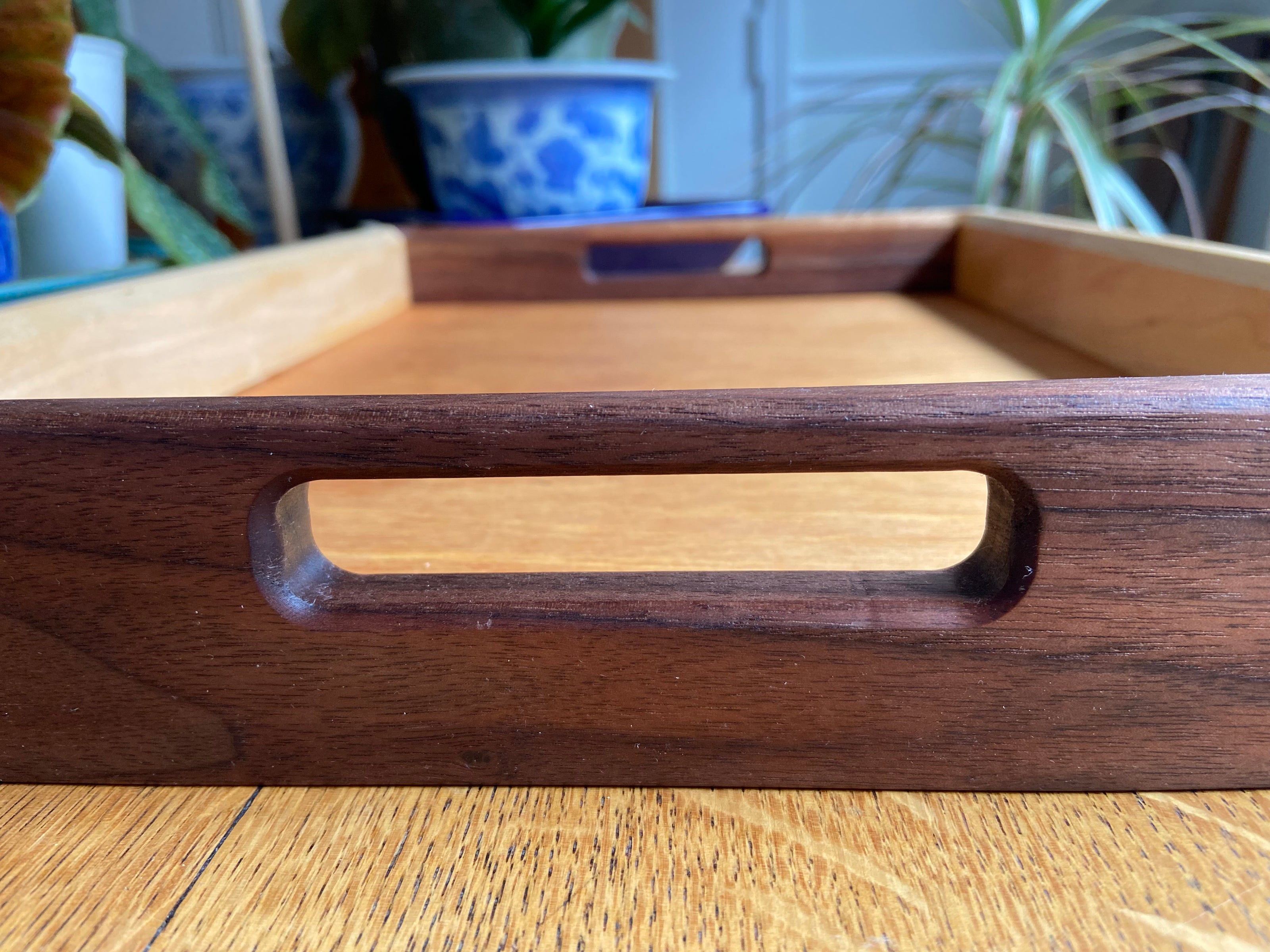 Lotus Engraved Decorative Tray with Boxed Joints and Contrasting Wood