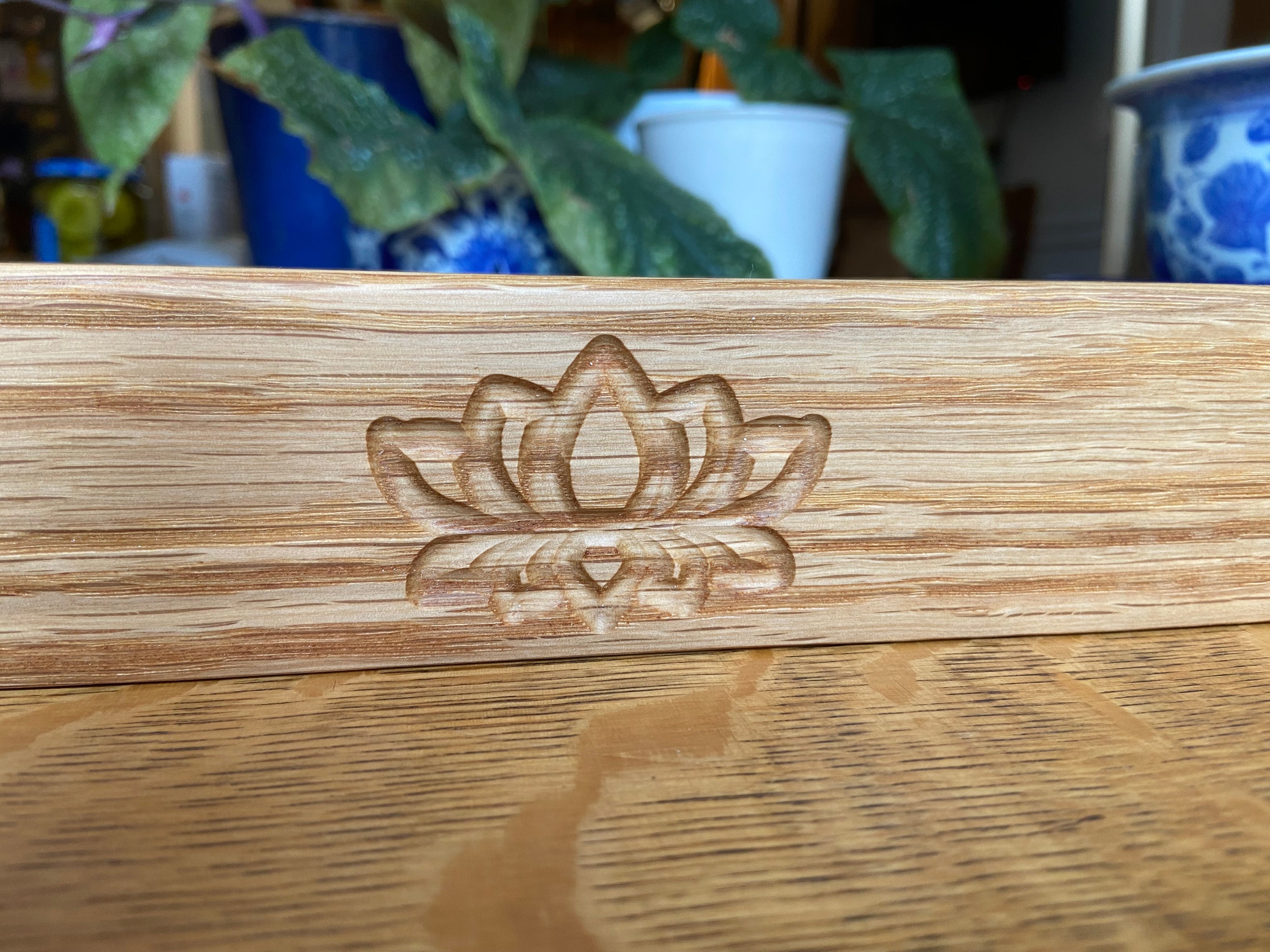 Handcrafted Red Oak Decorative Tray with Lotus Engraving and Box Jointed Corners