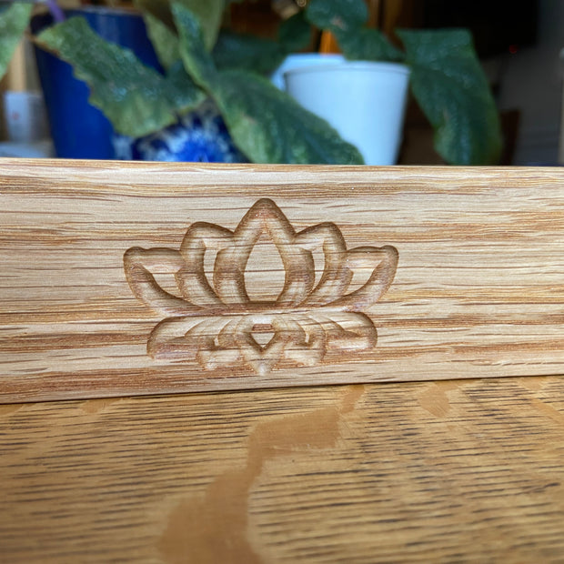 Handcrafted Red Oak Decorative Tray with Lotus Engraving and Box Jointed Corners