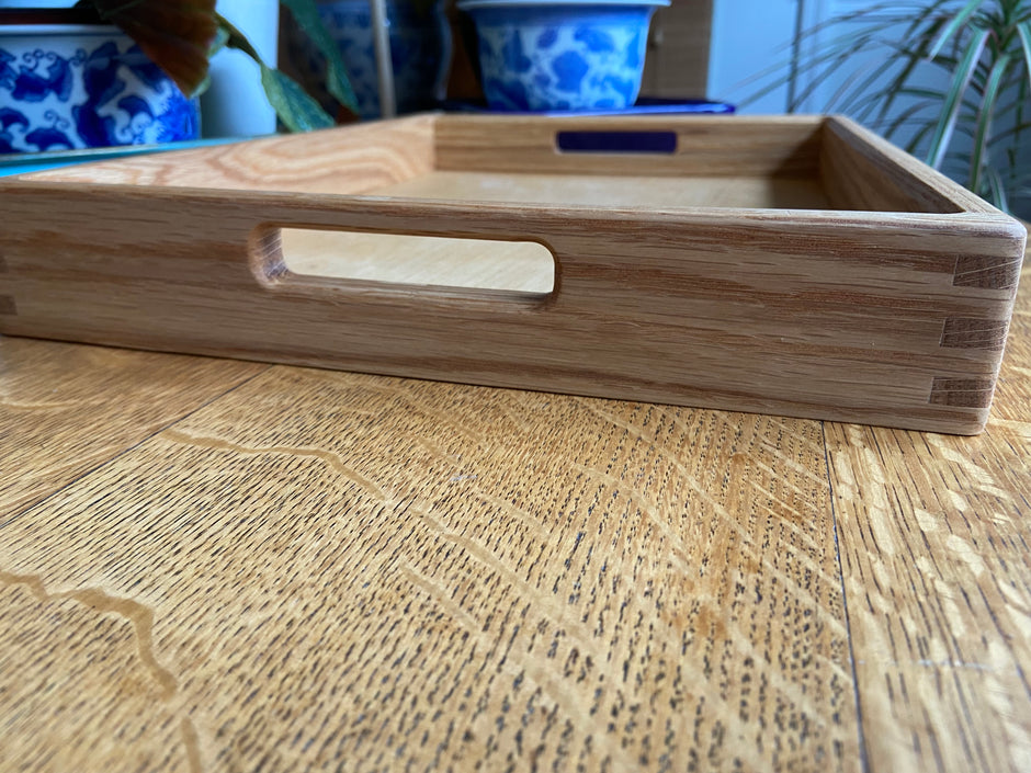 Handcrafted Red Oak Decorative Tray with Lotus Engraving and Box Jointed Corners